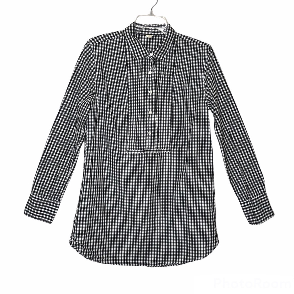 J. CREW | Gingham Checkered Pleated Front Tunic Top Blouse Black White Collar